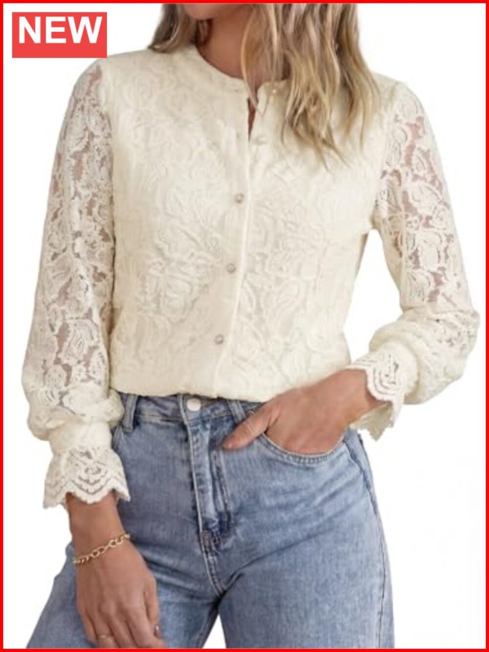 Long Sleeve Lace Blouse Button Down Shirt for Women Dressy Casual Top
